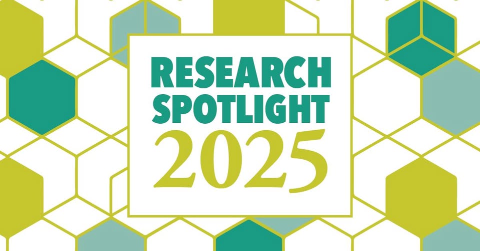 Stylized geometric shapes in shades of green with text: Research Spotlight 2025